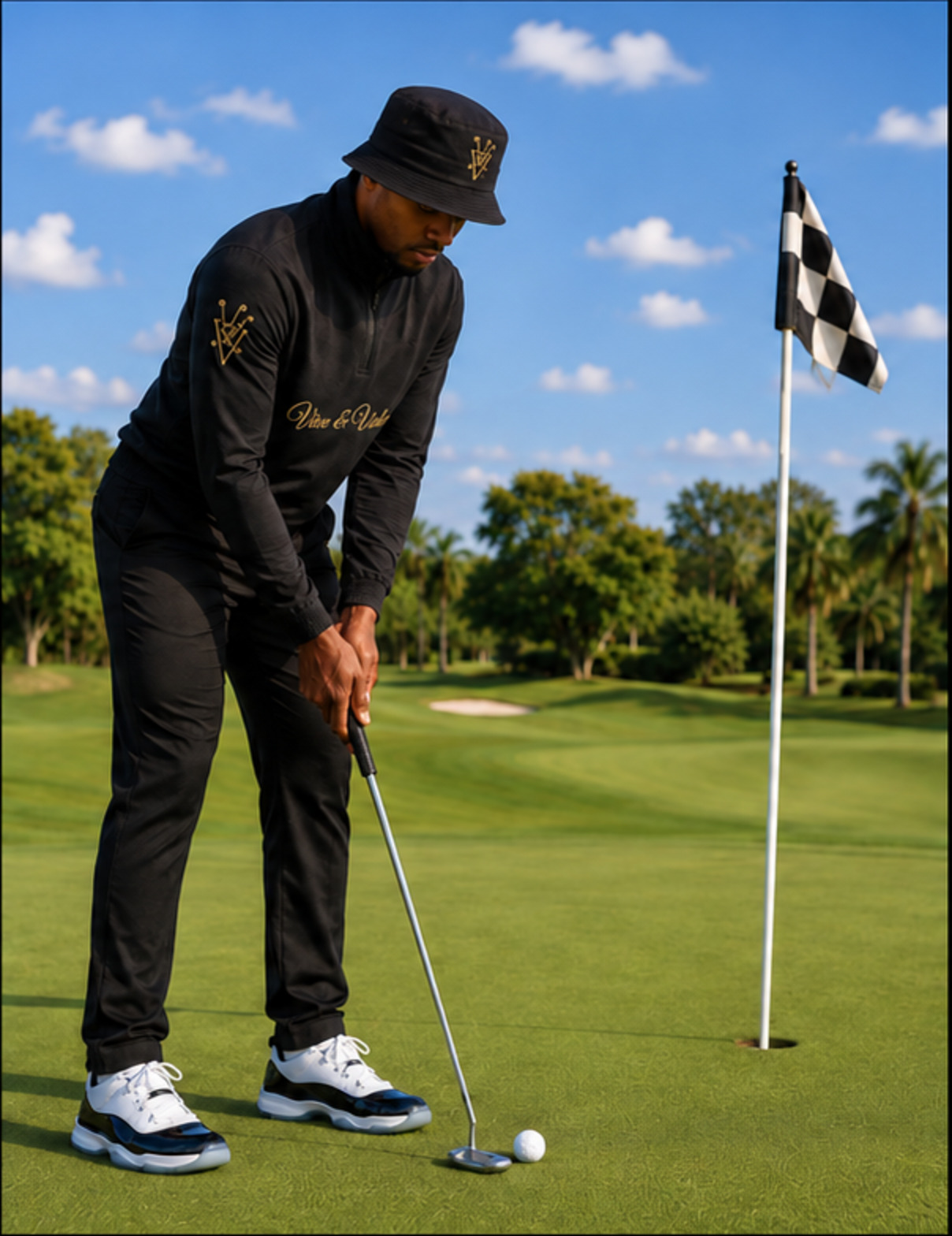 Golfer wearing Vine and Valor apparel on the green